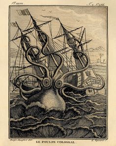 an octopus attacking a ship in the ocean with its tentacles stretched out to it's sides