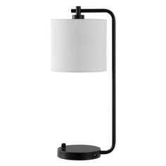 a black table lamp with a white lampshade on the base and a round light shade