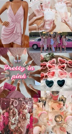 the collage shows pink and white dresses, sunglasses, and other items in different colors