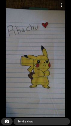 a piece of paper with a drawing of pikachu on it, and the words phachu written in cursive writing