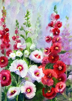 an oil painting of red and white flowers