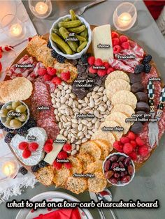 a platter filled with meats, cheeses, crackers and fruit on top of a table