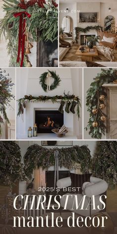 christmas mantel decor with greenery and bells on the mantles, stockings, wreaths