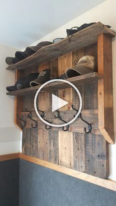 a wooden shelf with shoes hanging on it