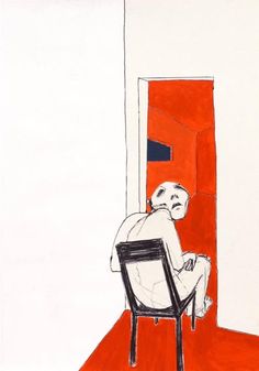 a drawing of a person sitting on a chair in front of a red wall and door