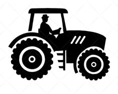 a black and white silhouette of a tractor with a driver on it's front wheel