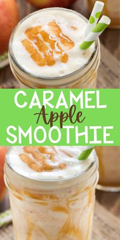 two jars filled with caramel apple smoothie