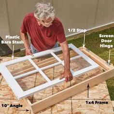 an older woman is working on framing the window frame for her home's exterior