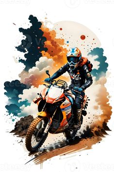 a man riding on the back of a motorcycle down a dirt road with clouds in the background