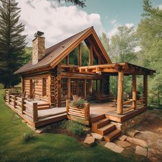 a log cabin with steps leading up to it