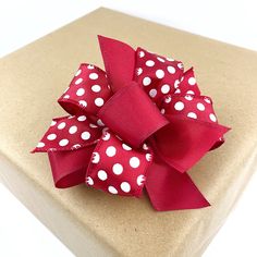 a red and white polka dot bow sitting on top of a brown gift box,