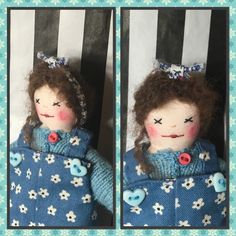 two pictures of a doll with brown hair wearing a blue sweater and flowered headband