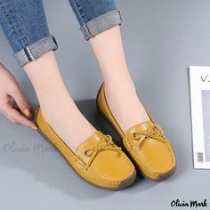 Olivia Mark - Handcrafted Genuine Leather Snail Shoes with Anti-Slip and Wear-Resistant Sole, Comfortable Low-Heeled Loafers Casual Yellow Closed Toe Slip-ons, Casual Non-slip Round Toe Moccasins, Casual Non-slip Closed Toe Moccasins, Casual Slip-resistant Closed Toe Loafers, Yellow Round Toe Slip-ons, Spring Round Toe Boat Shoes With Leather Sole, Casual Yellow Flats For Fall, Casual Leather Moccasins With Non-slip Sole, Casual Leather Non-slip Moccasins