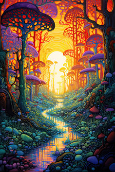 a painting of trees and water in the middle of a forest with bright oranges