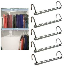 there are four racks with clothes hanging on them and one has an open hanger