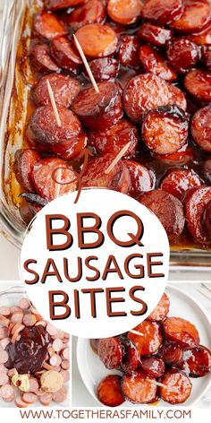 the bbq sausage bites are ready to be eaten and served in glass casserole dishes