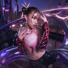 a woman with chains around her neck posing in front of a futuristic cityscape