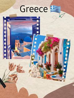 there is a collage of pictures with flowers and buildings in the background that say greece