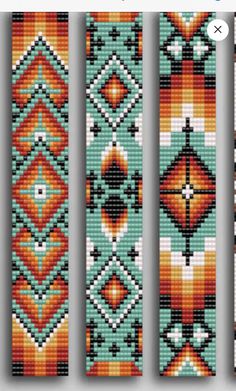 three cross stitch bookmarks in different colors and patterns, each with an arrow on one side