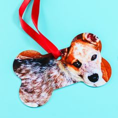 an ornament with a dog's head on it is hanging from a red ribbon