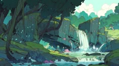 an anime scene with waterfall and rocks in the foreground, surrounded by green trees