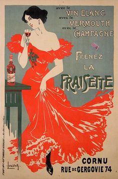 an old fashion poster with a woman in a red dress holding a glass of wine