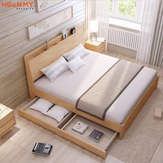 a bed with drawers underneath it in a room