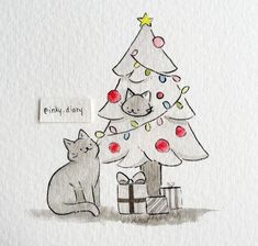 a drawing of a cat sitting next to a christmas tree