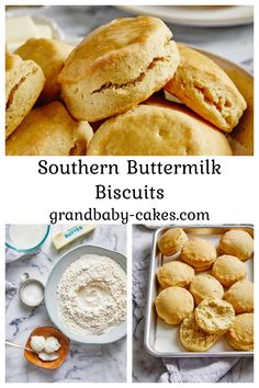 some biscuits and other food items on a table with the words southern buttermik biscuits