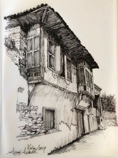 a drawing of an old house with windows and balconies on the side of it