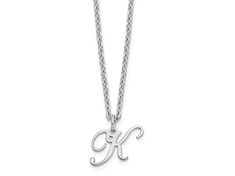 Rhodium over sterling silver polished finish letter "K" initial necklace with 18-inch long cable chain and lobster claw clasp. Pendant measures approximately 7/16"L x 3/8"W. K Initial Necklace, Dainty Jewelry Silver, Convention Outfits, K Initial, K Necklace, Letter K, Letter Necklace, Dainty Jewelry, Initial Necklace