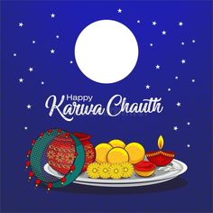 happy karwa chaath with fruits and vegetables on plate in front of the moon