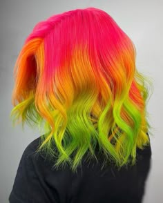 Neon Pink And Green Hair, Yellow Hair Ideas, Sherbet Hair, Neon Rainbow Hair, Orange And Yellow Hair, Neon Hair Color, Vivid Hair