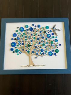 This custom artwork of a blue button tree was created by attaching a wood cutout to a white canvas board, then layering many many vintage and new buttons along with cabochons, swarovski rhinestones, jewelry bits and other unique embellishments in shades of blue. Blue frame measures 13" high x 16" wide Ships within 24 hours Can also be shipped to your gift recipient, beautifully wrapped with a card.  Holiday Gift 💙 Birthday Gift 💙 Office Decor 💙 Home Decor 💙 Have another color/object in mind? I love custom orders! Have some of Grandma's/Mom's buttons/jewelry not sure what to do with? Send to me and I can incorporate in your custom order and create a one of a kind art to be treasured for years! Thank you for💙 taking the time to browse, be sure to check out my other listings for unique b Tree Art And Craft, Button Tree Art, Vintage Craft Ideas, Buttons Jewelry, Button Tree, Repurposing Ideas, Rhinestone Projects, Knot Tying, Office Decor Home