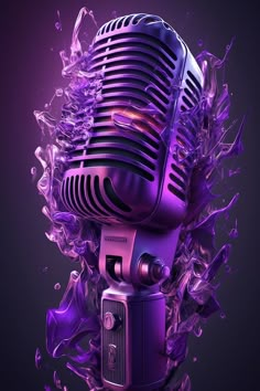 an old fashioned microphone with water splashing around it on a black background and purple hues