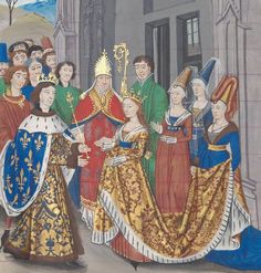 an old painting of people dressed in medieval clothing and holding hands with each other,