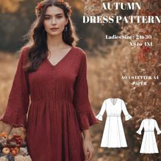 the autumn dress pattern is available in sizes ranging from small to large, and has 3 / 4 length sleeves