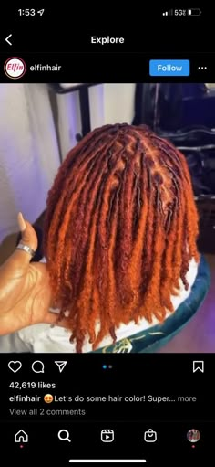 Copper Red Hair Color Black Women Locs, Burnt Orange Locs Dreadlocks, Ginger Copper Locs Black Women, Loc Tip Color Ideas Black Women, Ginger Orange Locs Black Women, Red And Orange Locs Black Women, Loc Colored Tips, Paprika Locs Black Women, Loc Colors For Black Women