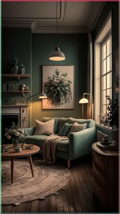 a living room filled with furniture and a painting hanging on the wall over a fire place