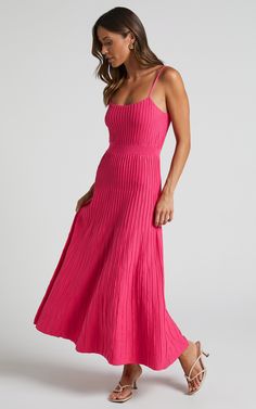 Donissa Midi Dress - Panelled Knit Dress in Hot Pink | Showpo USA Pink Pleated Summer Dress, Hot Pink Midi Aline Dress, Pink Dress Villanelle, Luxury Pink Vacation Dresses, Hot Pink Dress Casual Long, Fuschia Knit Dress, Luxury Pink Summer Dresses, Ss22 Trends Long Dress, Evening Dresses Short