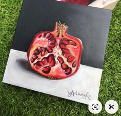 a painting of a pomegranate sitting on top of a book in the grass