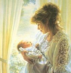 a painting of a woman holding a baby in her arms and looking out the window