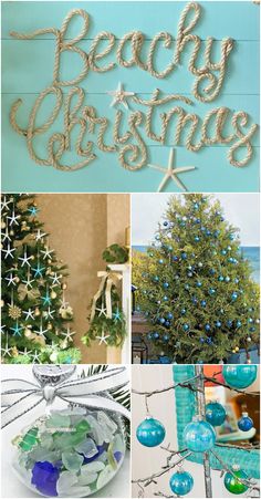 Beachy Coastal Christmas Celebrations with Tree & Ornament Ideas Seashore Christmas Decorations, Coastal Holiday Decor Christmas Ideas, Ocean Themed Christmas Tree Ideas, Winter Coastal Decor, Christmas Beach Party Ideas, Beach Theme Ornaments Diy, Christmas Beach Crafts Diy, Beach Christmas Wreath Diy