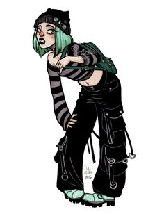 a drawing of a woman with green hair wearing black and white striped clothing, holding her hands on her hips