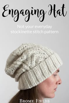 model wearing a striped knitted beanie hat Dk Hat Pattern, Straight Needle Hat Pattern, Dk Hat Knitting Patterns Free, Knit Flat Hat Free Pattern, Flat Knit Hat Pattern Free, Free Knitting Hat Patterns, Free Knit Hat Patterns, Slouchy Hat Knitting Pattern