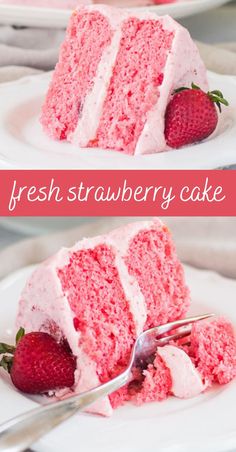 two pictures of a strawberry cake with white frosting and fresh strawberries on top