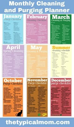 a poster with the words, month cleaning and purifying planner in different colors