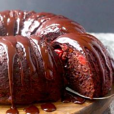 a bundt cake with chocolate drizzled on top