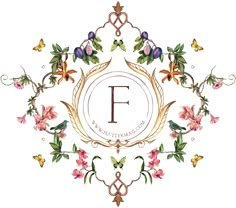 the letter f is surrounded by flowers and butterflies on a white background with an ornate frame