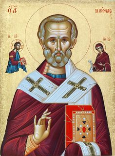 an icon of st nicholas the great with his hand in his pocket and other icons around him